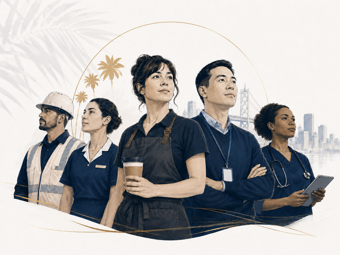 Diverse California workers — construction, hospitality, healthcare, and tech professionals